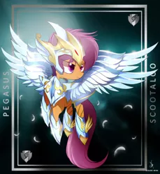 Size: 3840x4200 | Tagged: safe, artist:zidanemina, derpibooru import, scootaloo, pegasus, pony, anime, anime crossover, armor, crossover, female, god cloth, saint seiya, solo