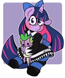 Size: 1024x1230 | Tagged: alicorn, anarchy stocking, artist:befishproductions, bow, clothes, cosplay, costume, derpibooru import, female, hair bow, panty and stocking with garterbelt, plushie, safe, simple background, spike, transparent background, twilight sparkle, twilight sparkle (alicorn)