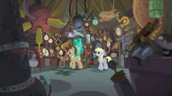 Size: 1440x808 | Tagged: safe, derpibooru import, screencap, derpy hooves, doctor whooves, time turner, earth pony, pegasus, pony, slice of life (episode), bowtie, doctor whooves' lab, duo, female, flameless fireworks, interior, laboratory, machinery, male, mare, stallion