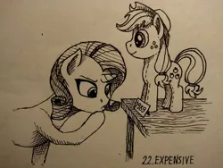 Size: 1200x900 | Tagged: safe, artist:sa1ntmax, derpibooru import, applejack, rarity, pony, inktober, inktober 2018, monochrome, plushie, price tag, table, traditional art