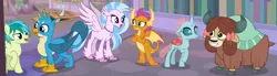 Size: 1657x456 | Tagged: safe, derpibooru import, screencap, gallus, ocellus, sandbar, silverstream, smolder, yona, changedling, changeling, classical hippogriff, dragon, earth pony, gryphon, hippogriff, pony, yak, what lies beneath, bow, cloven hooves, cropped, crossed arms, dragoness, female, hair bow, male, monkey swings, raised hoof, spread wings, student six, teenager, wings