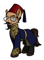 Size: 4000x5401 | Tagged: safe, artist:poecillia-gracilis19, derpibooru import, oc, oc:tarboush pasha, earth pony, pony, 2019 community collab, derpibooru community collaboration, beard, clothes, facial hair, fez, glasses, hat, ottoman, ottomane, simple background, solo, transparent background