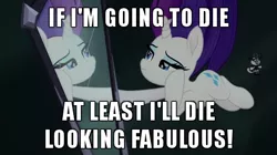 Size: 480x268 | Tagged: safe, derpibooru import, edit, screencap, rarity, storm king, pony, unicorn, my little pony: the movie, and then there's rarity, bobblehead, caption, fabulous, falling, female, image macro, mare, meme, mirror, narcissism, rarity being rarity, skewed priorities, solo, text
