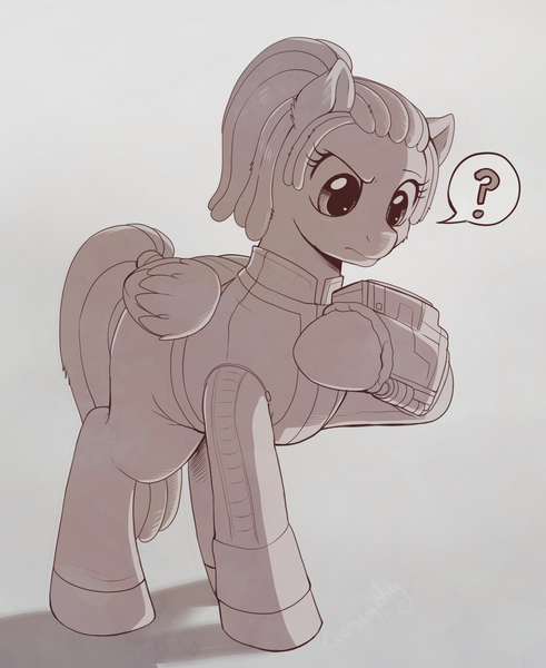 Size: 1204x1471 | Tagged: safe, artist:evomanaphy, derpibooru import, oc, pegasus, pony, fallout equestria, clothes, fallout, female, gradient background, grayscale, mare, monochrome, question mark, sketch, solo, suit