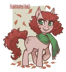 Size: 3026x3272 | Tagged: safe, artist:taytinabelle, derpibooru import, oc, oc:harmony hugs, unofficial characters only, earth pony, pony, autumn, autumn leaves, blushing, clothes, cute, female, freckles, green eyes, heart eyes, leaf, leaves, looking at you, mare, raised hoof, red hair, scarf, secret santa, simple background, solo, white background, wingding eyes