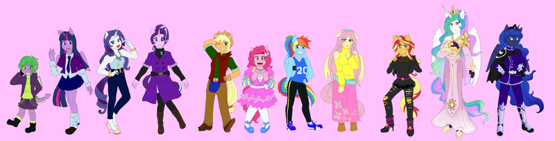 Size: 2964x756 | Tagged: alicorn, anthro, applejack, artist:fallenangel5414, bare shoulders, boots, chaps, clothes, coat, derpibooru import, dragon, dress, female, floppy ears, fluttershy, frilly dress, high heels, jacket, mane seven, mane six, mare, necktie, pantyhose, pink background, pinkie pie, plantigrade anthro, pleated skirt, princess celestia, princess luna, rainbow dash, rarity, royal sisters, safe, shoes, shorts, simple background, skirt, smiling, sneakers, socks, spike, starlight glimmer, stockings, sunset shimmer, sweater, sweatershy, thigh highs, twilight sparkle, vest