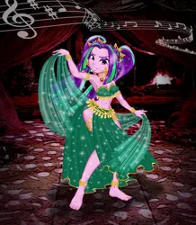 Size: 2551x2923 | Tagged: safe, artist:ponymaan, derpibooru import, aria blaze, equestria girls, anklet, arabian nights, armlet, armpits, barefoot, beautiful, bedroom eyes, belly button, belly dancer, belly dancer outfit, bracelet, dancing, ear piercing, earring, eyeshadow, feet, female, gem, harem outfit, jewelry, leg bracelet, loincloth, looking at you, makeup, midriff, music notes, piercing, siren gem, solo, veil