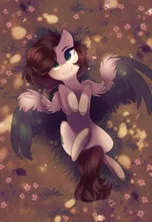 Size: 1300x1900 | Tagged: safe, artist:kirionek, derpibooru import, oc, oc:pacific pine, unofficial characters only, pegasus, pony, colored hooves, commission, cute, dappled sunlight, female, flower, hooves to the chest, looking up, mare, on back, outdoors, overhead view, smiling, solo, spread wings, top down, wings, ych result