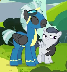 Size: 660x708 | Tagged: safe, derpibooru import, screencap, rumble, thunderlane, pegasus, pony, marks and recreation, brothers, clothes, colt, cropped, hug, male, siblings, smiling, uniform, winghug, wings, wonderbolts uniform