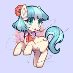 Size: 2483x2483 | Tagged: safe, artist:taytinabelle, derpibooru import, coco pommel, earth pony, pony, blue background, cocobetes, cute, female, looking at you, mare, mouth hold, rearing, simple background, smiling, solo, wingding eyes