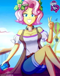 Size: 920x1160 | Tagged: safe, artist:the-butch-x, derpibooru import, part of a set, vignette valencia, equestria girls, equestria girls series, rollercoaster of friendship, bare shoulders, beauty mark, breasts, busty vignette valencia, butch's hello, cleavage, clothes, equestria girls logo, explicit source, female, hello x, legs, looking at you, mobile phone, peace sign, phone, signature, sitting, smartphone, smiling, solo