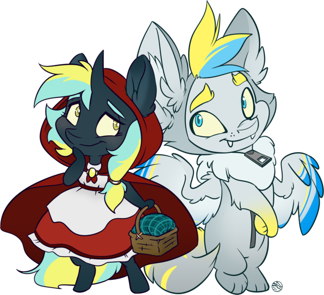Size: 2157x1968 | Tagged: safe, artist:kez, derpibooru import, oc, oc:cirrus sky, oc:electro current, unofficial characters only, semi-anthro, unicorn, animal costume, arms folded, basket, bipedal, blushing, chest fluff, cirrent, clothes, costume, cute, dress, ear fluff, fangs, female, fluffy, halloween, halloween costume, holiday, hood, little red riding hood, male, oc x oc, picnic basket, puppy dog eyes, shipping, smiling, straight, thinking, wolf costume, zipper