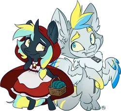 Size: 2157x1968 | Tagged: safe, artist:kez, derpibooru import, oc, oc:cirrus sky, oc:electro current, unofficial characters only, semi-anthro, unicorn, animal costume, arms folded, basket, bipedal, blushing, chest fluff, cirrent, clothes, costume, cute, dress, ear fluff, fangs, female, fluffy, halloween, halloween costume, holiday, hood, little red riding hood, male, oc x oc, picnic basket, puppy dog eyes, shipping, smiling, straight, thinking, wolf costume, zipper