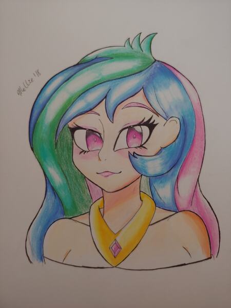 Size: 1536x2048 | Tagged: artist:amybun, artist:melliedraws, bust, derpibooru import, human, humanized, portrait, princess celestia, safe, solo, traditional art