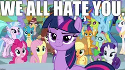 Size: 1280x720 | Tagged: alicorn, anti-bronybait, applejack, caption, changedling, changeling, cocky, derpibooru import, edit, edited screencap, female, fluttershy, gallus, grampa gruff, hater, hatred, image macro, king thorax, male, mane seven, mane six, meme, ocellus, pinkie pie, princess celestia, princess ember, rainbow dash, rarity, reaction image, safe, sandbar, school daze, screencap, silverstream, smolder, spike, starlight glimmer, student six, text, thorax, twilight sparkle, twilight sparkle (alicorn), yona