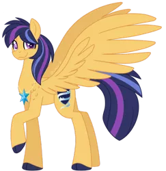 Size: 600x617 | Tagged: safe, artist:shiiazu, derpibooru import, oc, oc:nova star sparkle, unofficial characters only, pegasus, pony, blind, cloven hooves, colored pupils, cutie mark, element of magic, female, hooves, jewelry, large wings, looking at you, mare, necklace, next generation, offspring, parent:flash sentry, parent:twilight sparkle, parents:flashlight, scar, signature, simple background, smiling, solo, transparent background, wings