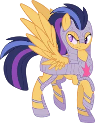 Size: 600x779 | Tagged: safe, artist:shiiazu, derpibooru import, oc, oc:nova star sparkle, unofficial characters only, pegasus, pony, armor, blind, colored pupils, female, frown, helmet, next generation, offspring, one hoof raised, parent:flash sentry, parent:twilight sparkle, parents:flashlight, royal guard, scar, serious, simple background, solo, transparent background