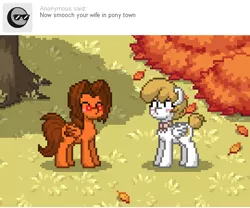 Size: 540x450 | Tagged: safe, artist:aha-mccoy, derpibooru import, oc, oc:aha mclovin, oc:heather sweet feathers, unofficial characters only, pegasus, pony, nopony-ask-mclovin, pony town, ask, autumn, autumn leaves, blushing, eyes closed, female, glasses, husband and wife, kissy face, leaf, leaf pile, male, mare, oc x oc, pixel art, shipping, stallion, straight, tree, tumblr