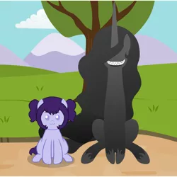 Size: 540x540 | Tagged: safe, artist:aha-mccoy, derpibooru import, oc, oc:anonlestia, oc:buggy, unofficial characters only, original species, nopony-ask-mclovin, description is relevant, evil grin, female, filly, grin, mother and child, mother and daughter, offspring, parent:oc:anonlestia, parent:oc:glitch, parents:oc x oc, sharp teeth, smiling, teeth