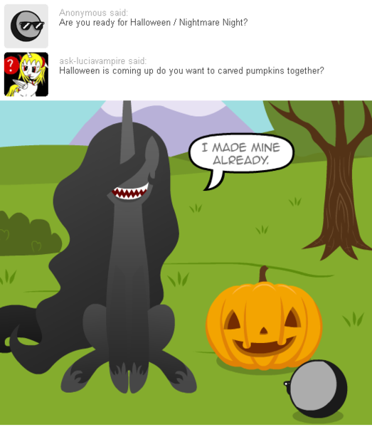 Size: 540x620 | Tagged: artist:aha-mccoy, ask, derpibooru import, description is relevant, halloween, holiday, jack-o-lantern, nopony-ask-mclovin, oc, oc:anon, oc:anonlestia, pumpkin, safe, sharp teeth, speech bubble, teeth, tumblr, unofficial characters only