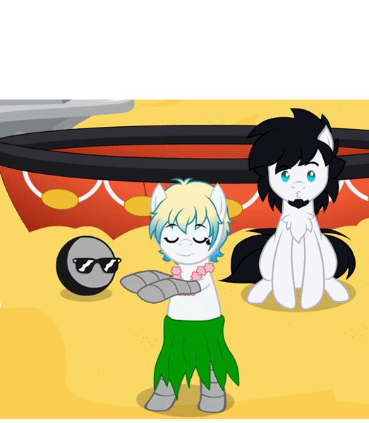 Size: 540x620 | Tagged: animated, artist:aha-mccoy, ball, beach, bipedal, blushing, boat, camera, camera flashes, caption, clothes, dancing, derpibooru import, gif, gif with captions, grass skirt, hula, iphone, luau, nopony-ask-mclovin, oc, oc:anon, oc:gamercolt, oc:tosh, safe, skirt, sunglasses, unofficial characters only