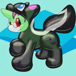 Size: 2000x2000 | Tagged: safe, artist:balloon-quilava, derpibooru import, oc, oc:crescent star, unofficial characters only, crystal pony, pony, skunk, unicorn, balloon, balloon fetish, clothes, costume, crystal unicorn, fetish, glasses, inflatable, inflatable fetish, male, pose, simple background, skunk stripe, smiling, smirk, solo