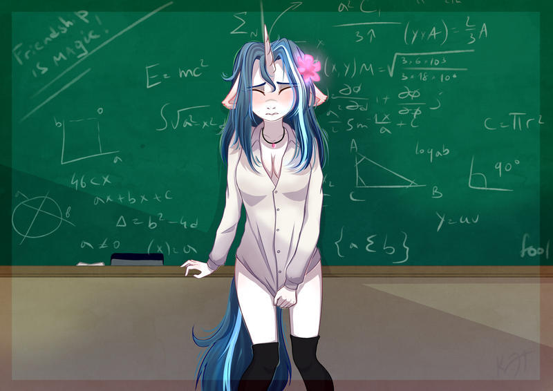Size: 3508x2480 | Tagged: suggestive, artist:shiro-roo, derpibooru import, oc, oc:white lily-rose, unofficial characters only, anthro, unicorn, anthro oc, blushing, breasts, chalkboard, classroom, cleavage, clothes, covering, e=mc^2, embarrassed, embarrassed nude exposure, eyes closed, female, floppy ears, flower, flower in hair, kneesocks, mare, math, nudity, partial nudity, shirt, shirt pull, socks, solo