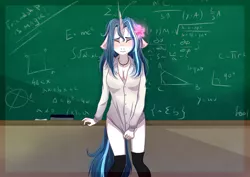 Size: 3508x2480 | Tagged: suggestive, artist:shiro-roo, derpibooru import, oc, oc:white lily-rose, unofficial characters only, anthro, unicorn, anthro oc, blushing, breasts, chalkboard, classroom, cleavage, clothes, covering, e=mc^2, embarrassed, embarrassed nude exposure, eyes closed, female, floppy ears, flower, flower in hair, kneesocks, mare, math, nudity, partial nudity, shirt, shirt pull, socks, solo