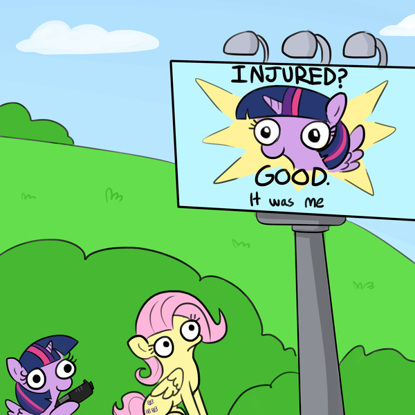 Size: 3000x3000 | Tagged: safe, artist:tjpones, derpibooru import, fluttershy, twilight sparkle, twilight sparkle (alicorn), alicorn, pegasus, pony, sparkles! the wonder horse!, behind you, billboard, derp, female, frown, gun, handgun, hoof hold, imminent death, imminent murder, imminent pain, mare, meme, pistol, sitting, smiling, this will end in death, this will end in tears, this will end in tears and/or death, twibitch sparkle, weapon, wide eyes