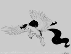 Size: 1500x1125 | Tagged: safe, artist:amarynceus, deleted from derpibooru, derpibooru import, princess luna, alicorn, pony, cloven hooves, dappled, ethereal mane, female, flying, freckles, gray background, grayscale, leonine tail, mare, monochrome, simple background, smiling, solo, spread wings, starry mane, unshorn fetlocks, wings