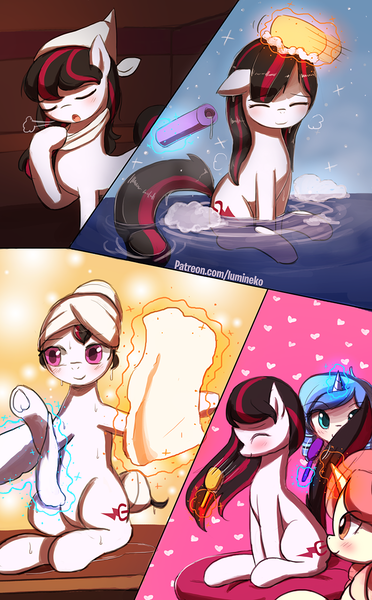 Size: 750x1211 | Tagged: safe, artist:lumineko, derpibooru import, oc, oc:electra sparks, oc:opuscule antiquity, oc:sahara sunset, unofficial characters only, pony, unicorn, bathing, blushing, breath, brush, brushing, comic, cute, eyes closed, female, hat, heart, magic, mare, open mouth, pillow, sauna, sigh, sitting, smiling, spa, sponge, telekinesis, towel, washing, water, wet