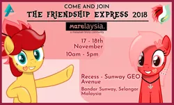 Size: 3604x2173 | Tagged: safe, artist:arifproject, derpibooru import, oc, oc:downvote, oc:rosa blossomheart, ponified, pony, derpibooru, advertisement, derpibooru ponified, hoofsies, malaysia, meta, promo, the friendship express, the friendship express 2018