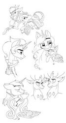 Size: 800x1491 | Tagged: safe, artist:celestial-rainstorm, derpibooru import, discord, king sombra, pharynx, princess cadance, princess luna, shining armor, thorax, oc, oc:king galaxias, changedling, changeling, pony, changedling brothers, father and child, father and daughter, female, filly, good king sombra, king thorax, male, monochrome, prince pharynx, shiningcadance, shipping, sketch, sketch dump, straight, woona, younger