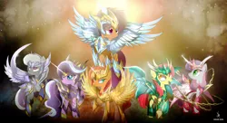 Size: 3840x2095 | Tagged: safe, artist:zidanemina, derpibooru import, apple bloom, diamond tiara, scootaloo, silver spoon, sunset shimmer, sweetie belle, earth pony, pegasus, pony, unicorn, anime crossover, armor, crossover, cutie mark crusaders, female, filly, god cloth, mare, saint seiya