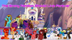Size: 2048x1152 | Tagged: safe, derpibooru import, editor:huntercwalls, oc, oc:antony c, oc:dawillstanator, oc:dr. wolf, oc:eliyora, oc:finn the pony, oc:firebrand, oc:goldenfox, oc:ilovekimpossiblealot, oc:ink rose, oc:keyframe, oc:lightning bliss, oc:littlepip, oc:mad munchkin, oc:misanthropony, oc:silver quill, oc:thespio, oc:voice of reason, alicorn, hippogriff, pony, unicorn, wolf, fallout equestria, fanfic, my little pony: the movie, bag, blushing, book, bowtie, bread, brony, canterlot, clothes, cutie mark, doctor who, fanfic art, female, fez, floppy ears, flying, food, future, glasses, goggles, hat, hippogriff oc, hooves, horn, mare, mouth hold, raised hoof, saddle bag, smiling, sonic screwdriver, spread wings, standing, sword, text, weapon, wings, youtube, youtube link