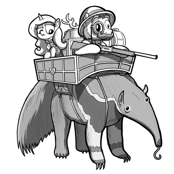 Size: 2000x2000 | Tagged: safe, artist:petirep, derpibooru import, oc, oc:queen lunanne, unofficial characters only, anteater, pony, unicorn, buck legacy, antlers, card art, facial hair, gun, hat, hunter, hunting rifle, jabot, monochrome, monocle, moustache, muttonchops, pith helmet, riding, rifle, simple background, tongue out, transparent background, van pelt, weapon