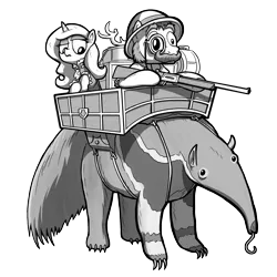 Size: 2000x2000 | Tagged: safe, artist:petirep, derpibooru import, oc, oc:queen lunanne, unofficial characters only, anteater, pony, unicorn, buck legacy, antlers, card art, facial hair, gun, hat, hunter, hunting rifle, jabot, monochrome, monocle, moustache, muttonchops, pith helmet, riding, rifle, simple background, tongue out, transparent background, van pelt, weapon