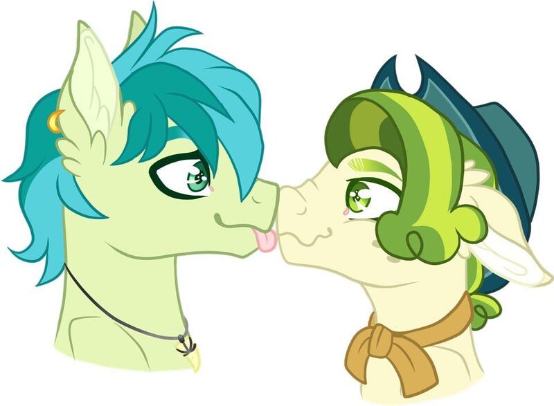 Size: 963x706 | Tagged: safe, artist:illusionaryprince, derpibooru import, pistachio, sandbar, earth pony, pony, :p, boop, crack shipping, ear piercing, gay, jewelry, male, necklace, nose wrinkle, noseboop, piercing, sandachio, shipping, silly, tongue out