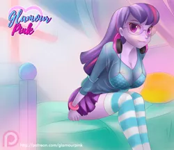 Size: 1002x864 | Tagged: suggestive, artist:glamourpink, derpibooru import, twilight sparkle, equestria girls, bed, blue underwear, bra, breasts, busty twilight sparkle, cleavage, clothes, erect nipples, female, glasses, legs, miniskirt, nipple outline, pillow, pleated skirt, polka dot underwear, see-through, skirt, socks, solo, striped socks, thigh highs, thighs, underwear