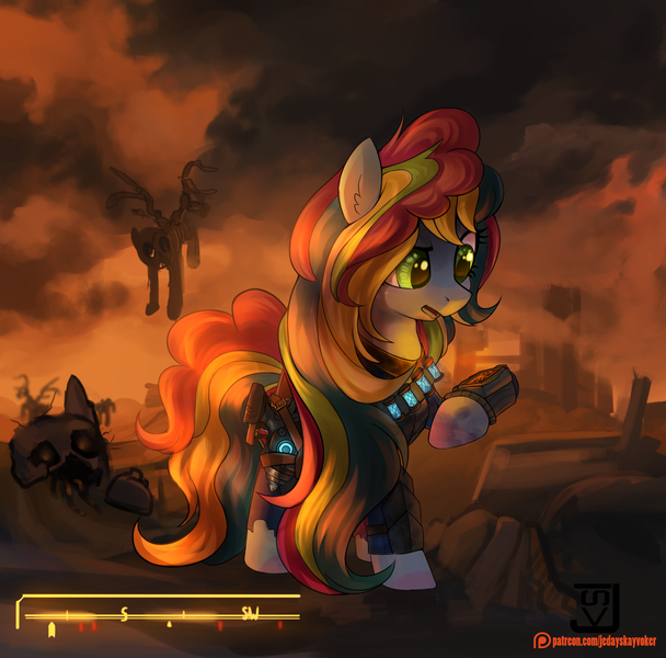 Size: 1520x1500 | Tagged: safe, artist:jedayskayvoker, derpibooru import, oc, oc:asuna, unofficial characters only, earth pony, ghoul, pegasus, pony, undead, fallout equestria, alien blaster, clothes, commission, fallout, fallout 4, female, feral ghouls, glowing sea (fallout 4), hooves, mare, patreon, patreon logo, pipbuck, solo, star blaster, weapon, ych result