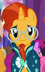 Size: 417x667 | Tagged: safe, derpibooru import, screencap, berry punch, berryshine, caramel, cherry berry, sunburst, pony, unicorn, celestial advice, clothes, cropped, glasses, male, robe, smiling, sunburst's glasses, sunburst's robe