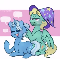 Size: 500x495 | Tagged: safe, artist:1racat, derpibooru import, trixie, zephyr breeze, pegasus, pony, unicorn, blushing, cutie mark, female, hat, male, mare, shipping, stallion, straight, trixbreeze, wings