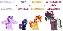 Size: 1600x800 | Tagged: alicorn, alicornified, alicorn oc, alternate universe, artist needed, blank flank, comic sans, crown, cutie mark, derpibooru import, edit, equal sign, female, fusion, glimmerposting, happy, horn, jewelry, mare, math, meme, ms paint, ms paint adventures, nostrils, nyxposting, oc, oc:nyx, oc:starlight nyx shimmer, open mouth, plus sign, princess, princess starlight glimmer, race swap, regalia, royalty, safe, shimmercorn, shimmerposting, simple background, smiling, source needed, spread wings, standing, standing up, starlicorn, starlight glimmer, starlightnyxshimmer, sun, sunset shimmer, text, text edit, vector, wall of tags, wingboner, wings, xk-class end-of-the-world scenario, xk-class end-of-the-world scenario alicorn