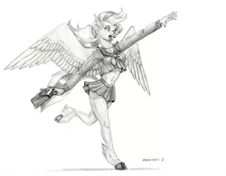 Size: 1400x1093 | Tagged: anthro, artist:baron engel, clothes, derpibooru import, female, grayscale, hippogriff, legs, midriff, miniskirt, moe, monochrome, pencil drawing, pleated skirt, running, safe, school uniform, silverstream, skirt, skirt lift, solo, thighs, traditional art, unguligrade anthro