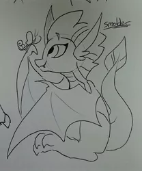 Size: 1080x1296 | Tagged: artist:redxbacon, butterfly, claws, cute, derpibooru import, dragon, dragoness, female, horns, safe, smolder, smolderbetes, solo, tail, traditional art, wings