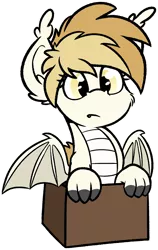 Size: 1006x1596 | Tagged: artist:moemneop, box, derpibooru import, dragon, dragon in a box, female, oc, oc:mavis, safe, simple background, solo, species swap, transparent background