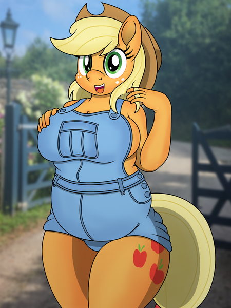 Size: 3000x4000 | Tagged: anthro, applefat, applejack, artist:pananovich, bbw, big breasts, braless, breasts, busty applejack, clothes, derpibooru import, fat, female, freckles, looking at you, naked overalls, no underwear, overalls, plump, safe, sideboob, smiling, solo, thick, wide hips