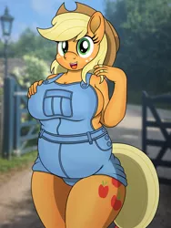 Size: 3000x4000 | Tagged: anthro, applefat, applejack, artist:pananovich, bbw, big breasts, braless, breasts, busty applejack, clothes, derpibooru import, fat, female, freckles, looking at you, naked overalls, no underwear, overalls, plump, safe, sideboob, smiling, solo, thick, wide hips