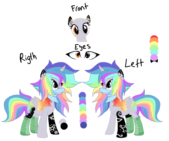 Size: 904x753 | Tagged: safe, artist:space--paws0w0, derpibooru import, oc, oc:pastel chole, unofficial characters only, alicorn, pony, alicorn oc, bandana, boots, clothes, female, freckles, heterochromia, horn, mare, markings, multicolored hair, rainbow hair, reference sheet, shoes, simple background, solo, tattoo, transparent background, wings