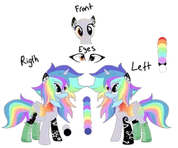 Size: 904x753 | Tagged: safe, artist:space--paws0w0, derpibooru import, oc, oc:pastel chole, unofficial characters only, alicorn, pony, alicorn oc, bandana, boots, clothes, female, freckles, heterochromia, horn, mare, markings, multicolored hair, rainbow hair, reference sheet, shoes, simple background, solo, tattoo, transparent background, wings